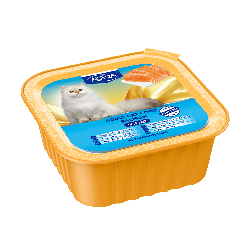 Container of Adult Cat Food with Salmon flavor 