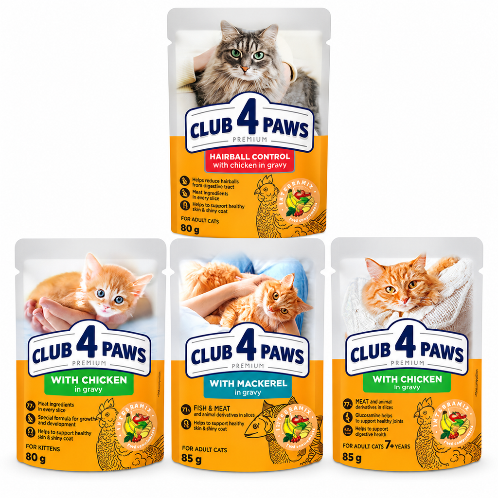 Club 4 Paws Premium wet cat food in gravy – Hairball Control, Kitten Chicken, Mackerel and Senior 7+ Chicken pouches
