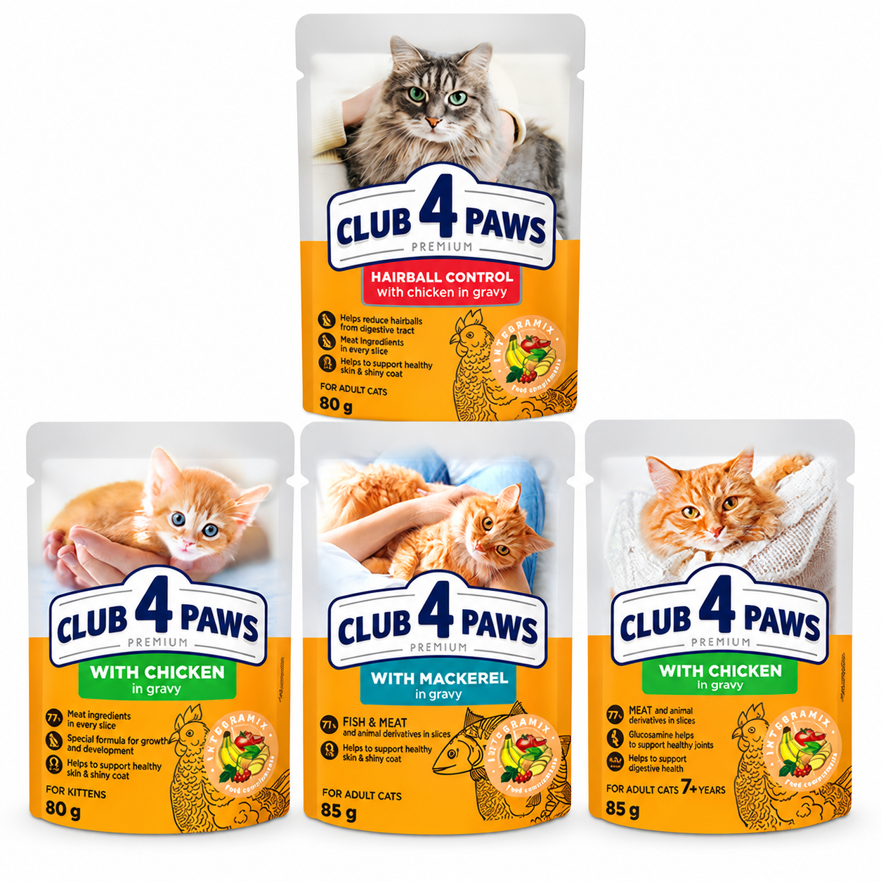 Club 4 Paws Premium wet cat food in gravy – Hairball Control, Kitten Chicken, Mackerel and Senior 7+ Chicken pouches