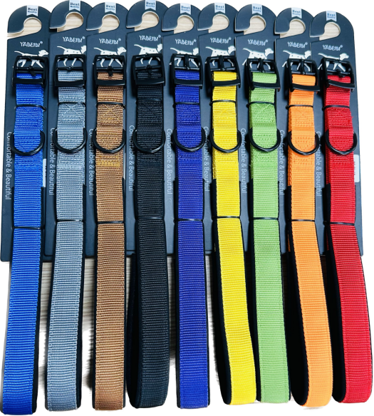 collars in various colors, including blue, gray, brown, black, royal blue, yellow, green, orange, peach, and red, all on a black display card. The brand name 'YABEIBI' chouchou pet shop , pet shop Lebanon