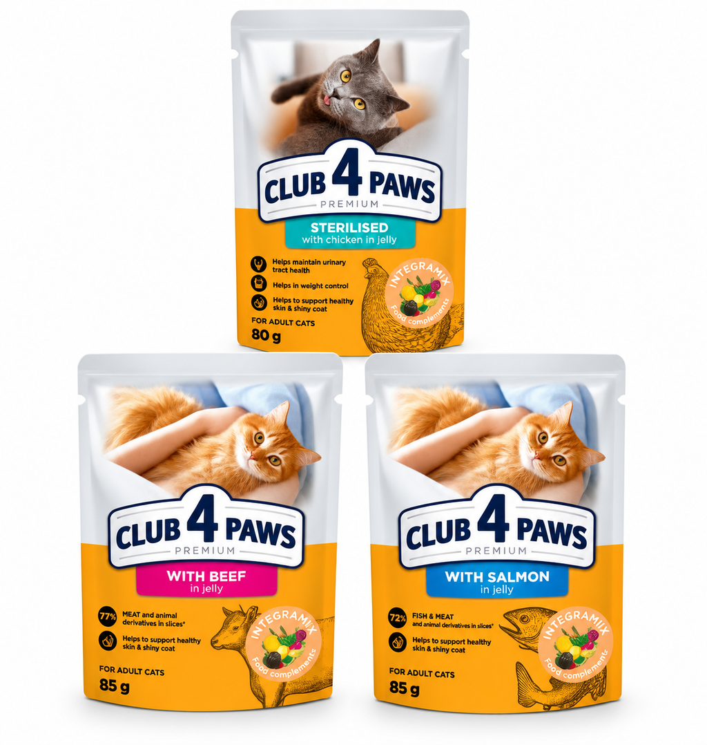 Club 4 Paws Premium wet cat food in gravy – Hairball Control, Kitten Chicken, Mackerel and Senior 7+ Chicken pouches