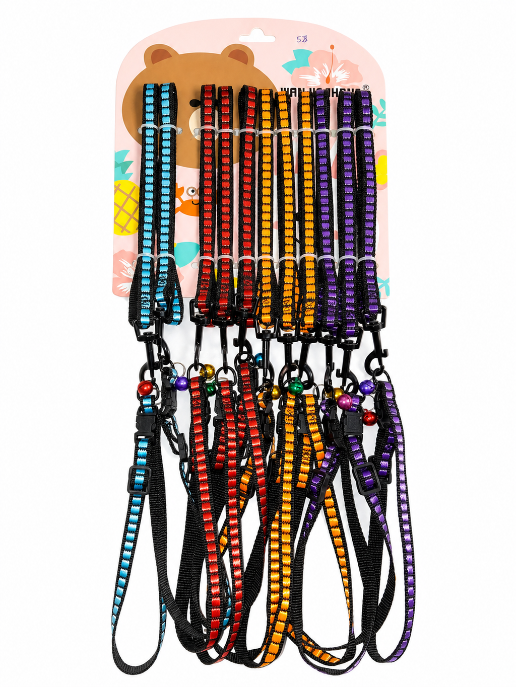 Reflective harness and leash set for cats, puppies and small dogs available in blue, red, orange and purple.