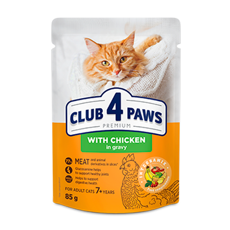 Club 4 Paws Premium wet cat food in gravy – Senior 7+ Chicken pouches