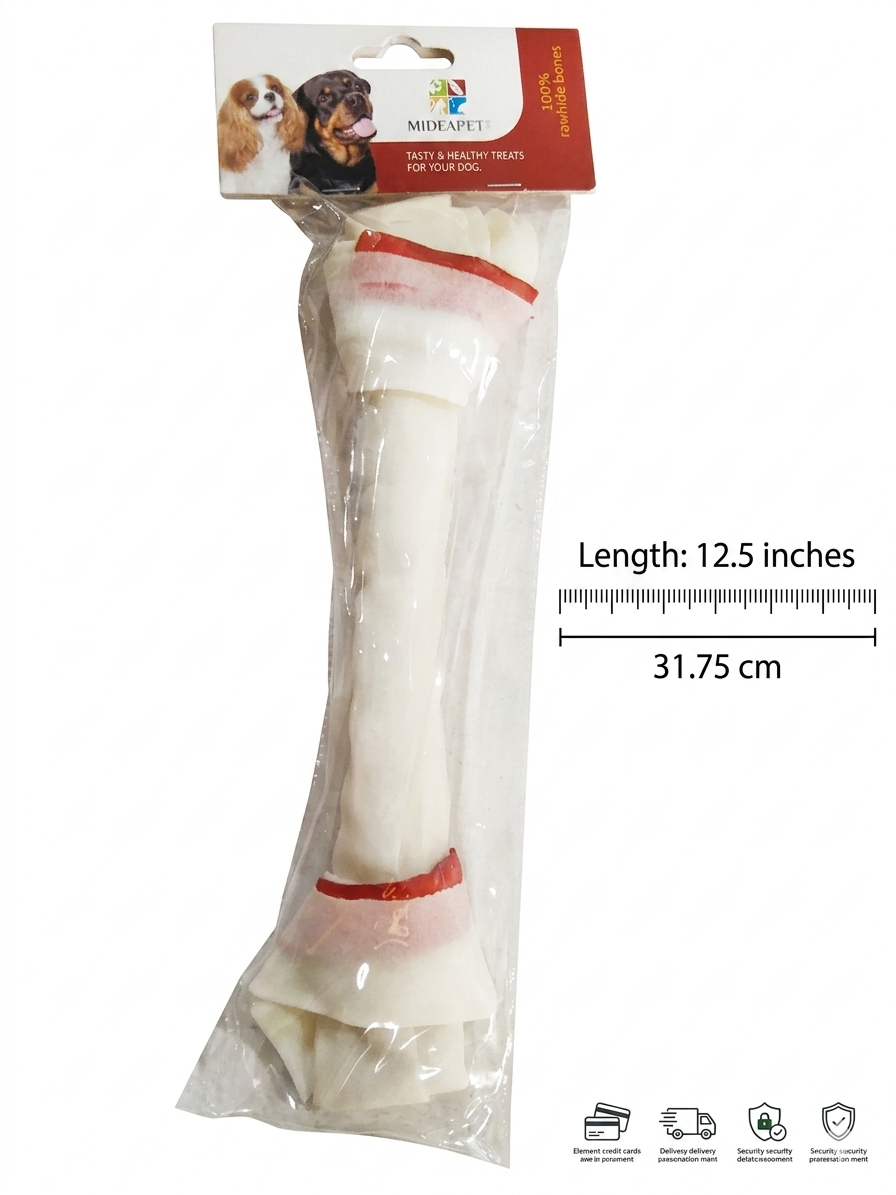 MideaPet 100% Natural White Rawhide Dog Chew Bone (XL Size - 12.5 Inch)